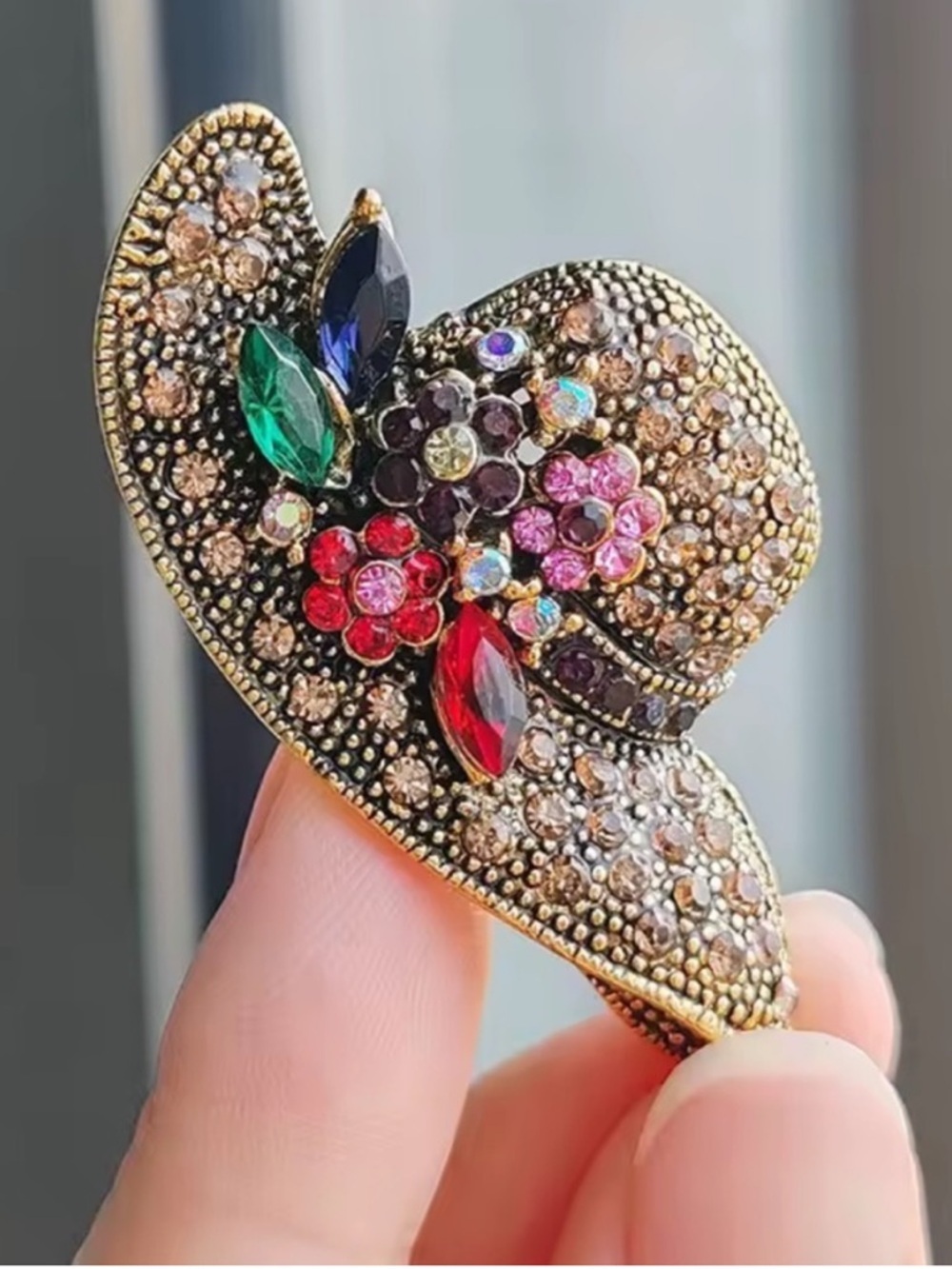 Vintage Multicolor Crystal Hat Brooch